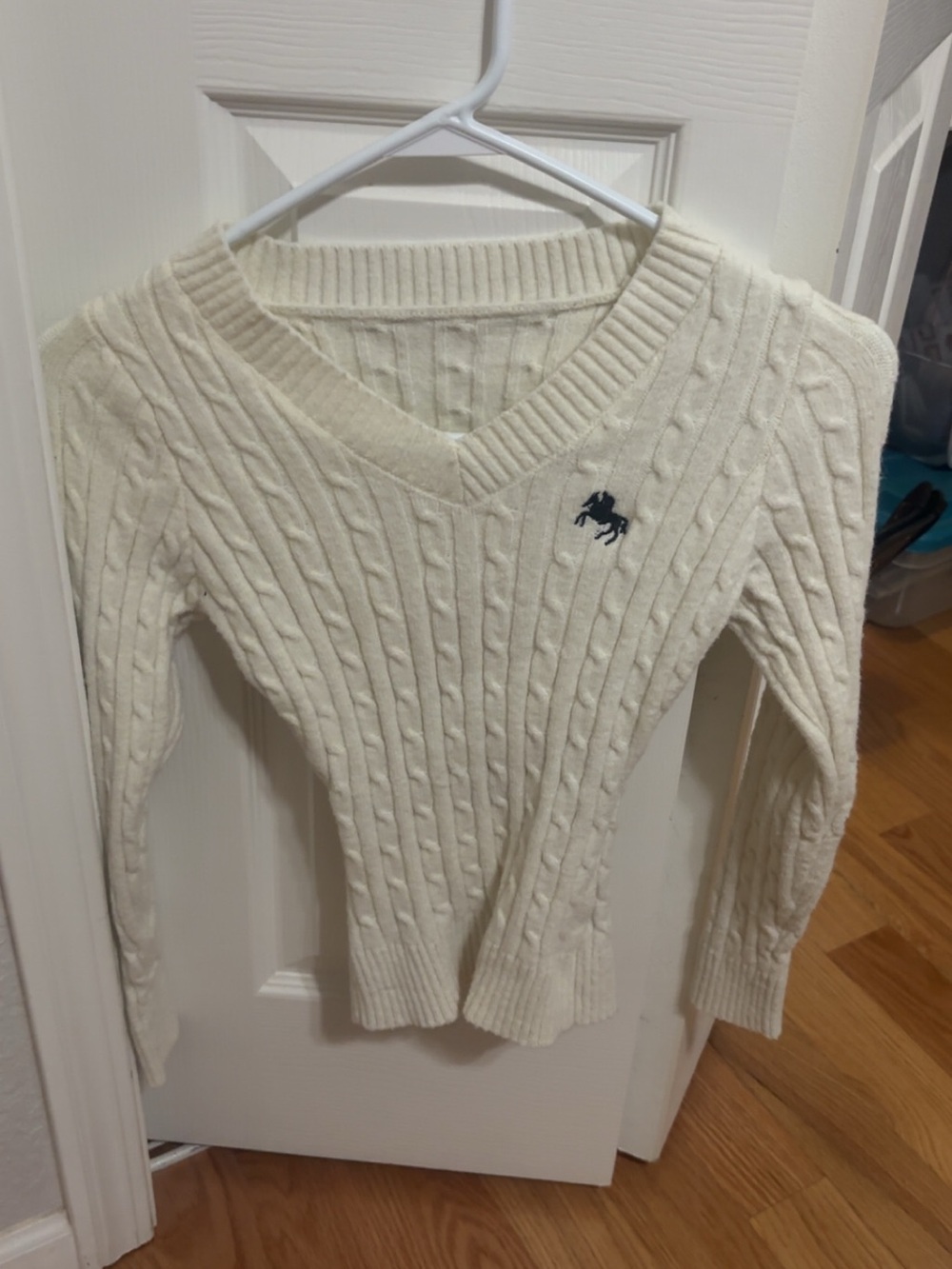 Polo by Ralph Lauren Cream Cable-Knit V-Neck Sweater with Navy Pony
